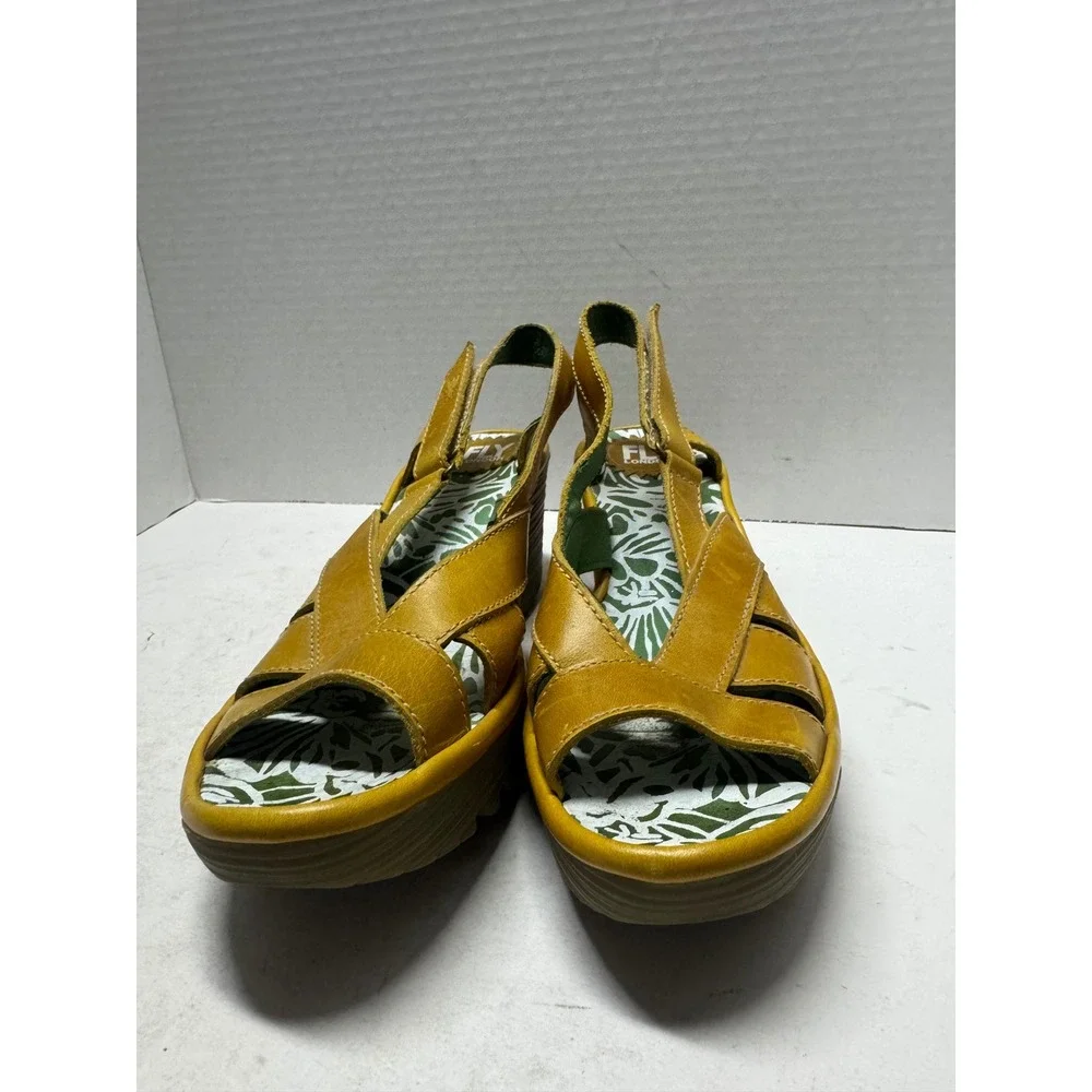 Fly London Yuma Mustard Yellow Leather Wedge Slingback Sandals EU 38 7.5